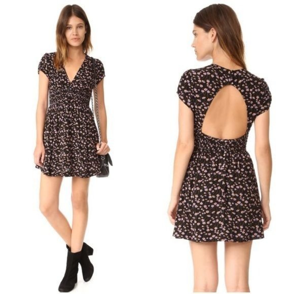 Free People "Pretty Baby" Mini Dress Black Floral V-Neck Cut-Out Back Elastic Wa - Picture 2 of 11